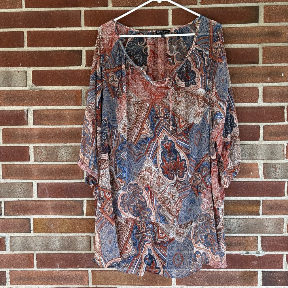 Ulla Popken Blue Brown Floral Paisley Sheer Blouse Plus Size 20/22 A553